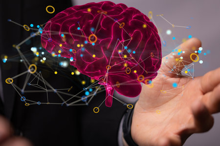 A 3D rendering of an Artificial Intelligence with a real person holding it
