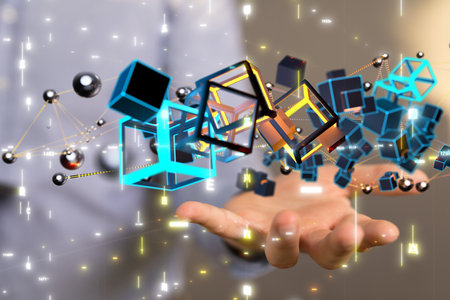 An FTP Import concept. Businessman holding virtual cubes depicting network and cloud systemの写真素材
