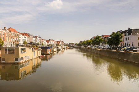 A wide angle shot of a river surrounded by buildingsのeditorial素材