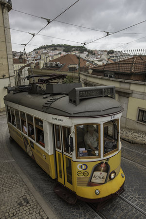 LISBON, PORTUGAL - Aug 01, 2019: historic tram for public transport in Lisbonのeditorial素材