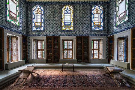 The spacious library of Sultan III Ahmed with stained glass windows at Topkapi Palace, Istanbul, Turkeyのeditorial素材