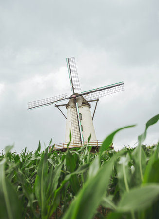 A vertical shot of a windmill with a cloudy gray sky in the backgroundの写真素材