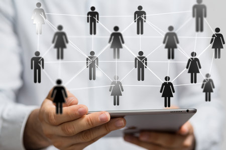 The male hand laptop and people icons connected to each other-online networking conceptの写真素材