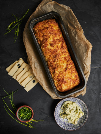 A vertical shot of bread with cheese herbal butter on a woodの写真素材