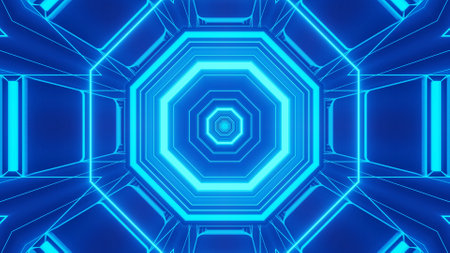 An illustration of several octagonal blue shapes inside each otherの写真素材