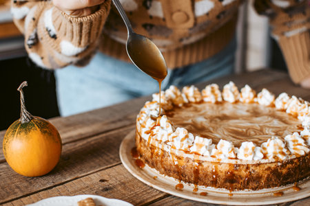 A yummy pumpkin cheesecake covered with a syrup