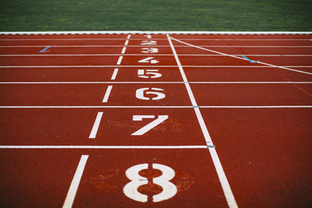 A high angle shot of a running track with numbers 1-8 on them with grass on the backgroundの素材 [FY310162161141]