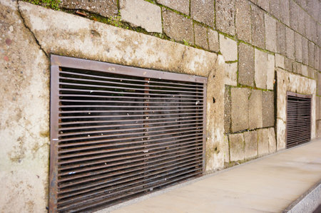A vertical high angle shot of a rain grid drainage in the street