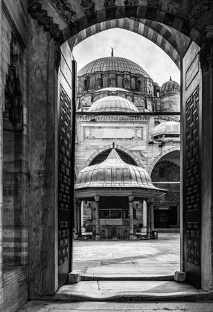 A vertical greyscale of the Sehzade mosque under the sunlight in Istanbul in Turkeyの写真素材