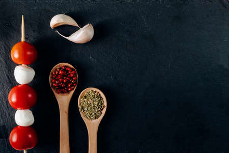 A top view shot of seasonings and ingredients for cookingの写真素材