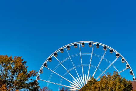 A closeup shot of a Ferris wheel near trees under a blue clear skyの写真素材