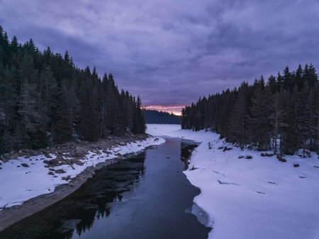 A beautiful shot of the river flowing through the snowy forest