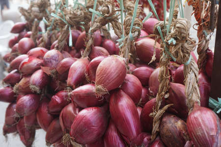 A closeup shot of bundles of red onions sold in the marketの写真素材