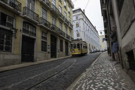 LISBON, PORTUGAL - Aug 01, 2019: historic tram for public transport in Lisbonのeditorial素材