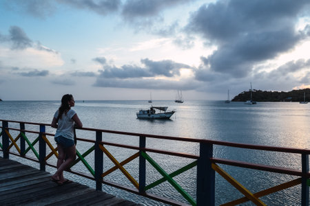 A beautiful shot of a woman standing on the boardwalk enjoying the view with white boats in the oceanのeditorial素材