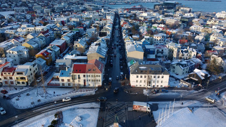 An aerials shot of the town of Skolavordustigur in Reykjavik, Iceland during winterのeditorial素材