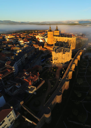 A vertical aerial shot of Astorga in Leon Spain with a sea and hills on the backgroundのeditorial素材