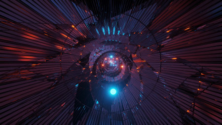 A futuristic abstract composed of lines and orbs and neon lights on a dark backgroundの写真素材
