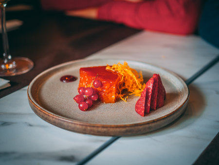A dessert with strawberry in a cafe