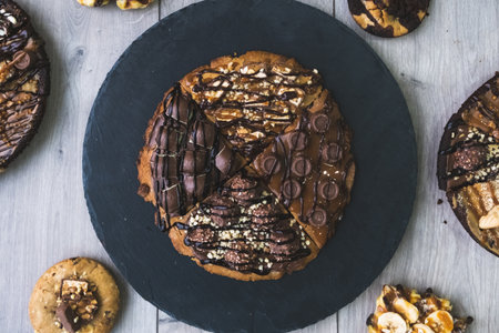 An overhead shot of a cookie made of chocolateの写真素材