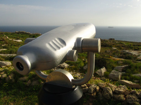 A closeup shot of a telescope in the Island of Filfla, Maltese Islands, Maltaのeditorial素材