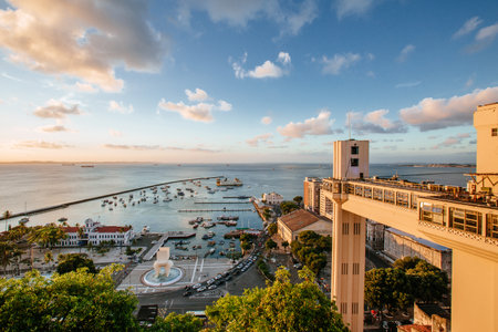 A scenic view of the coastal city of Salvador in Brazil with the famous Lacerda Elevator, an urban elevator connecting the lower and the upper cityのeditorial素材