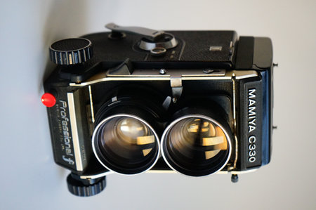 BUCURESTI, ROMANIA - Mar 15, 2020: old vintage Mamiya C3 C330 photo film camera and lens