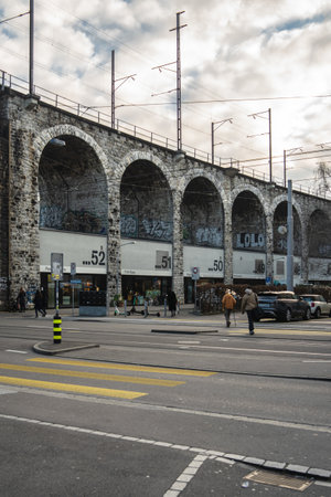 ZUERICH, SWITZERLAND - Feb 10, 2020: The street life and architecture of Zuerich, Switzerland.のeditorial素材
