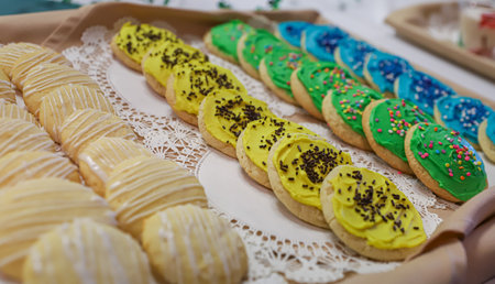 CHICO, UNITED STATES - Mar 03, 2020: Colorful cookies displayed on a dessert tray inside a culinary...