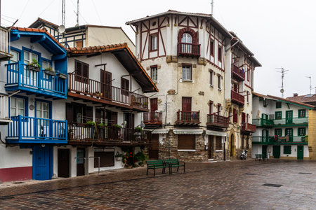 The traditional colorful fishermen houses in Hondarribia, Basque Country, Gipuzkoa, Spainのeditorial素材