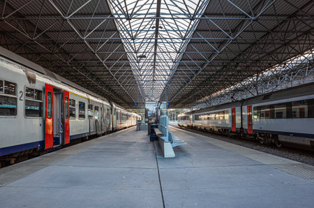 Two trains in a subway train station