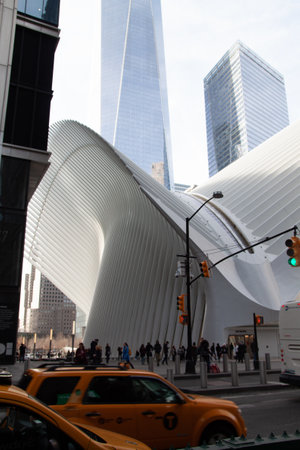 NEW YORK CITY, UNITED STATES - Mar 22, 2019: Side of the Oculus, with the One World Trade Center in...