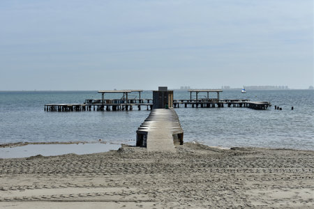 A view of a wooden jetty at a holiday resort at the Mar Menor in Murcia, Spainのeditorial素材