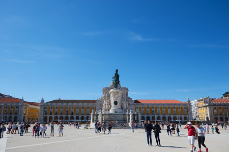 LISBON, PORTUGAL - Jun 11, 2019: Wide angle horizontal shot of the PraÃ§a do ComÃ©rcio in Lisbon...