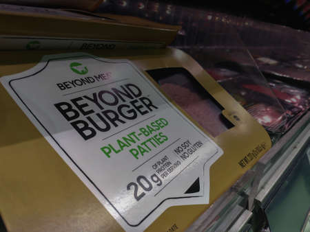 Malaga/Spain - 02-12-2020 : Packaging for Beyond Meat Beyond Burgers in a supermarketのeditorial素材