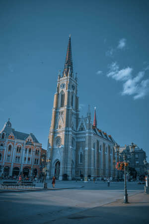 A low angle shot of the cathedral of Novi, Serbiaのeditorial素材