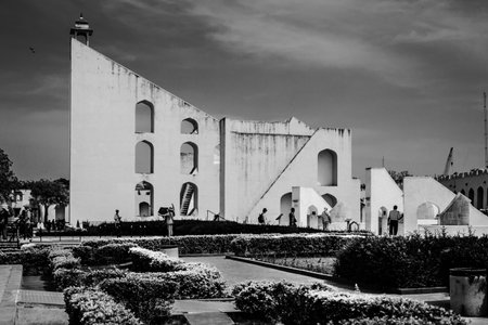 A greyscale beautiful shot of Jantar Mantar in Jaipur Indiaのeditorial素材