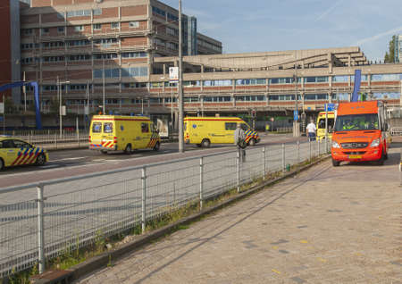 AMSTERDAM, NETHERLANDS - Sep 24, 2011: Row of ambulances during a disaster exercise in Amsterdamのeditorial素材
