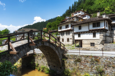 A Roman Bridge and old houses in the Shiroka Laka village, Smolyan Region, Bulgariaのeditorial素材