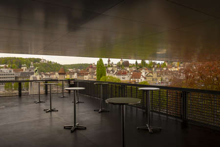 A terrace surrounded by buildings and trees in Lucerne in Switzerlandのeditorial素材