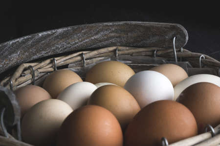 A closeup shot of raw eggs in a basket
