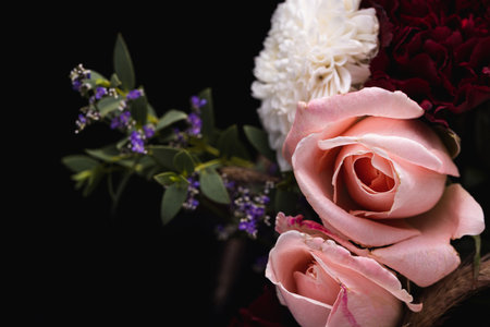 A closeup shot of a luxurious bouquet of pink roses and white, red dahlias on a black background