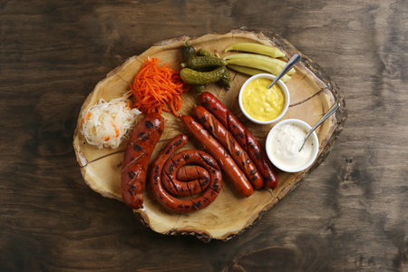 A top view of the grilled sausages with side dishes and saucesの写真素材