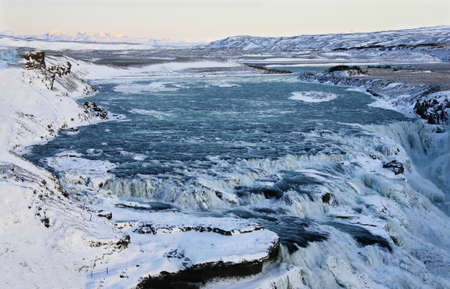 The waterfall of Gullfoss in Iceland, Europe surrounded by ice and snow