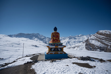 A horizontal shot of Buddha statue in Langza village. Spiti Valley in winterの写真素材
