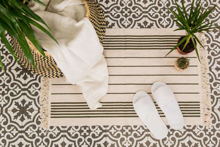 A top view of a foot rug with slippers and potted plants on tiled floorの写真素材