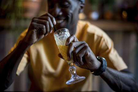 A young African-American man drinking a cocktail in the bar