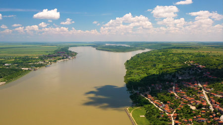 An aerial shot of a beautiful landscape near the Danube river in Bulgariaの写真素材