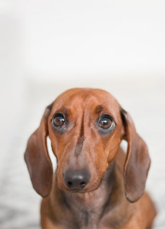 A closeup vertical shot of a long-eared dachshund isolated on white backgroundの写真素材
