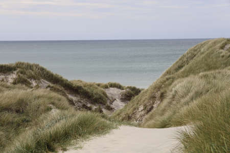 A beautiful shot of blue sea with green hills in the foreground in Kaersgaard beach Denmarkの写真素材